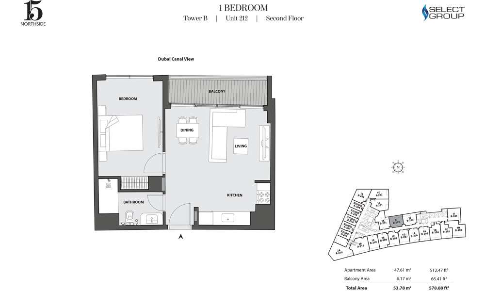 Tower B, 1 Bedroom, Unit 212, Second Floor